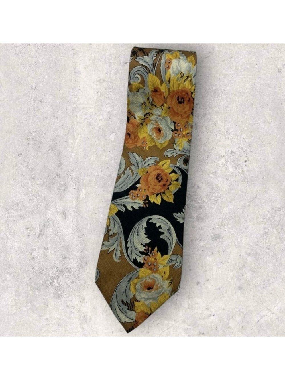 ALTEA VINTAGE Silk Tie ITALY Brown Yellow Orange Floral Baroque W:3.8" EUC